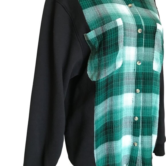 Upcycled Flannel Shirt: Green Plaid Sweatshirt, Button-Down Sweater, Size M - Picture 4 of 11
